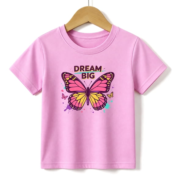 Girls Graphic Tees Dream Big Butterfly Kids T Shirt Cute Tops 100% Cotton Short Sleeve Soft Tops 4-13Y Pink