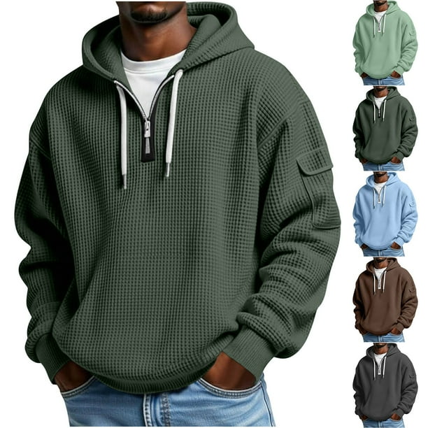 RKSTN Men's Quarter Zip Hoodies Sweatshirt Oversized 1/4 Zip Waffle Weave Drawstring Long Sleeve Pullover Hooded Sweatshirts Tops Mens Casual Solid Half Zip Loose Fall Athletic Hoodie with Pockets