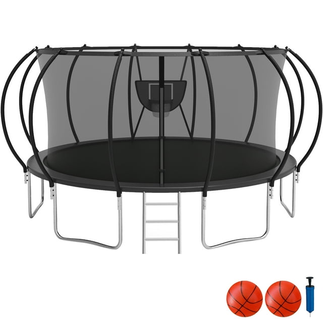 KOFUN Trampoline with Basketball Hoop, 1500lbs 10FT 12FT 14FT 16FT Trampoline for Adults and Kids, No Gap Design Backyard Trampoline with Enclosure Net, Ladder, Black