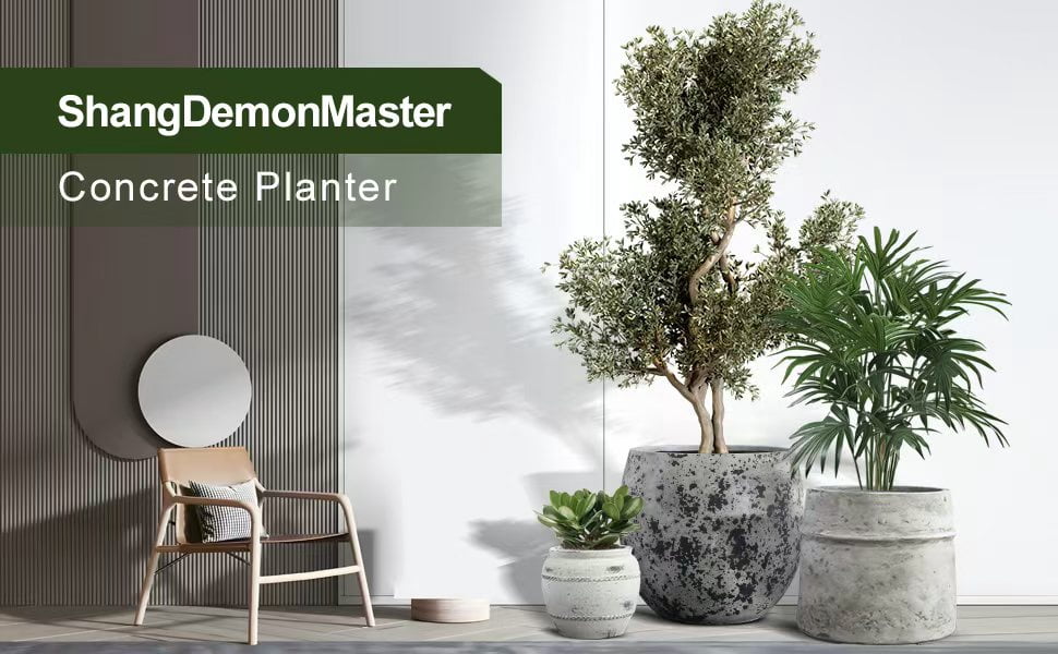 Craft flowerpots 18"+13"+19" Dia Round Concrete Planter Set of 3 Large Outdoor/Indoor Planter Pots Containers with Drainage Holes and Rubber Plug for Home Garden (White, Large)
