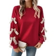 thumbnail image 3 of Women'S Y2K Ribbon Long Sleeve Top - Crew Neck Red Christmas & New Year Bowknot Oversized Pullover Shirt Red L, 3 of 9