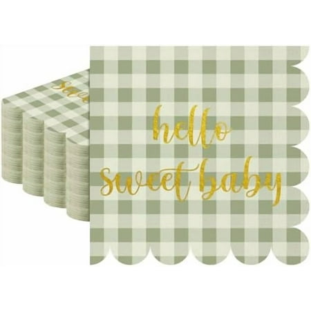 100 Pack Sage Green Scalloped Baby Shower Napkins Hello Sweet Baby Decorations Buffalo Plaid Disposable Paper Cocktail Napkins Folded 5 x 5 Inch for Baby Shower Party Supplies Table Decorations