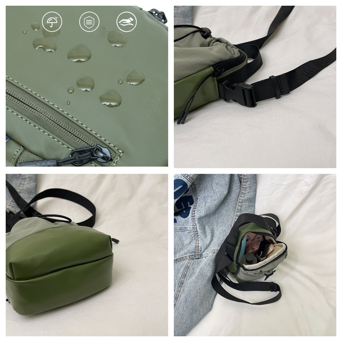 Hue & Hold Unisex Large Capacity Multi-Pocket Zip Drawstring Crossbody Bag Handbag Water Bottle Carrying Bag Lightweight Outdoor Sling Bag with Adjustable Strap, Beige