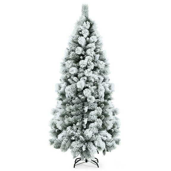 Costway 7ft Snow Flocked Hinged Artificial Slim Christmas Tree with Pine Needles