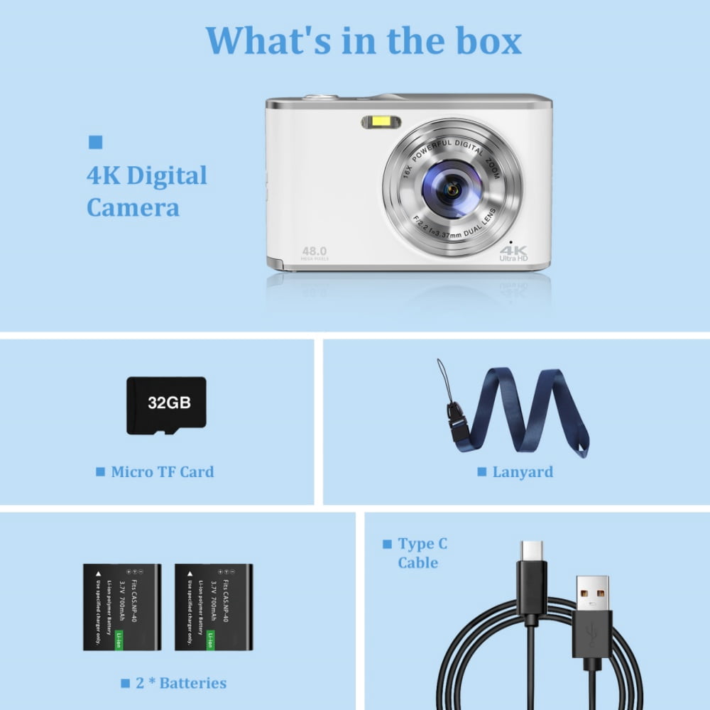 Digital Camera,4K 48 MP Auto Focus Camera Selfie with Front and Rear Dual Lens with 32GB Card and 1 Batteries,16x Digital Zoom,Mini Travel Blog Camera for beginners