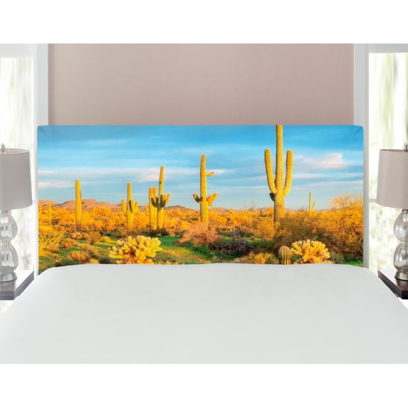 Saguaro Headboard, Sun Bath in Sonoran Desert Blooming Cactus Spring Time Vegetation Scenery, Upholstered Decorative Metal Bed Headboard with Memory Foam, Full Size, Marigold Blue Green, by Ambesonne