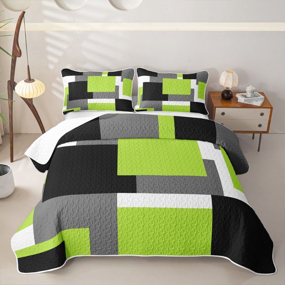 Homewish Green Geometric Square Twin Quilt Set,Modern Abstract Twin Coverlet Set,2-Piece
