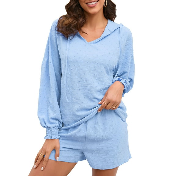 Womens 2 Piece Sets Hoodie Shirts with Shorts Shirred Cuff Blouse with Drawstring Shorts