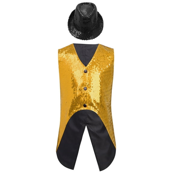 TTAO Kids Boys Tuxedo Suits Vest with Sequins Hat Magician Fancy Outfits Jazz Hip-Hop Dance Performance Gold 14