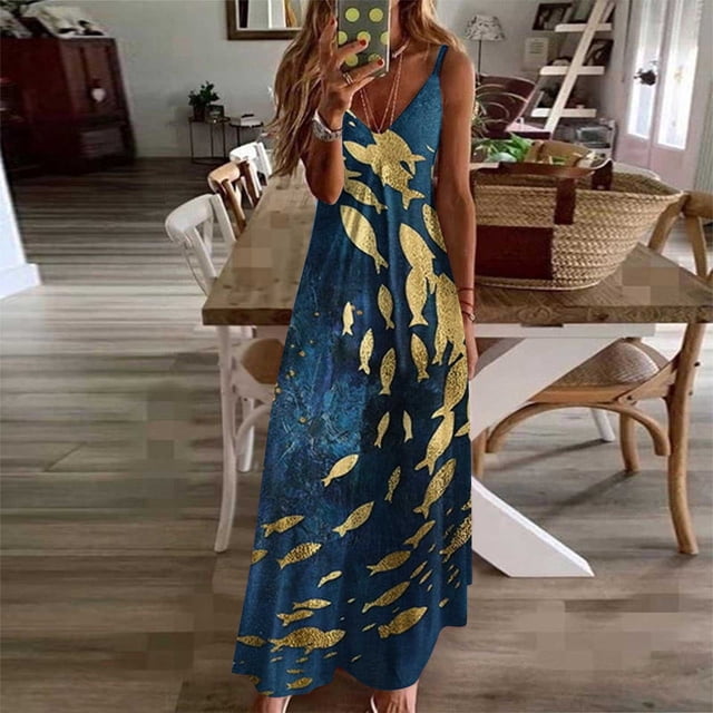 SMihono Robe Maxi Bohème d'Été pour Femmes Grande Taille Mode Féminine Décontractée d'Été avec Poches Sans Manches en Dentelle Imprimée Robe à Col en V Robe de Plage Évasée