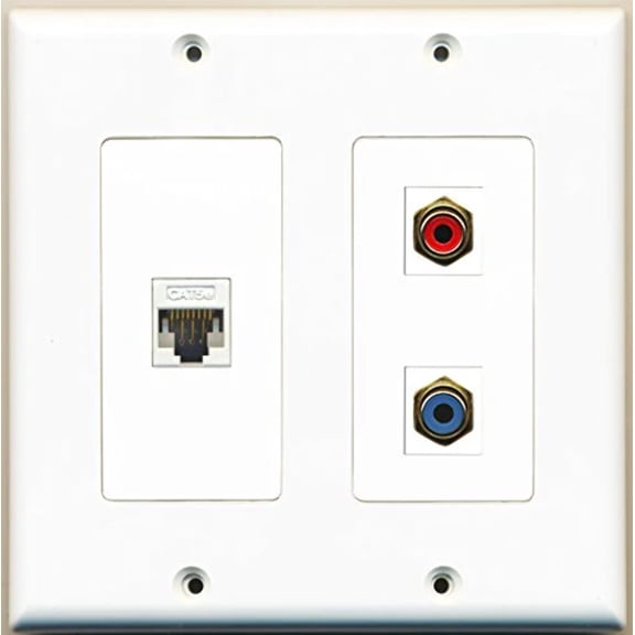 RiteAV - 1 Port RCA Red 1 Port RCA Blue 1 Port Cat5e Ethernet White - 2 Gang Wall Plate