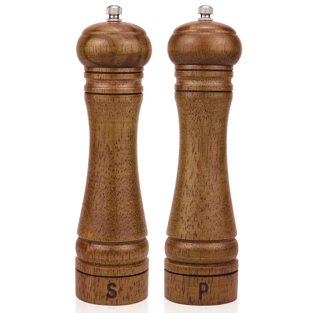 Salt and Pepper Mill Set, Wooden Salt and Pepper Grinders, Shakers with Ceramic Core- 8 Inches -Pack of 2