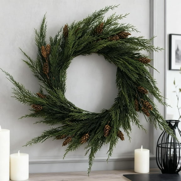 Guvpev 24" Green Cypress Artificial Christmas Wreaths, Realistic Winter Cedar Wreaths with Pinecone, Christmas Wreath Front Door Decor, Indoor & Outdoor Holiday Ornaments, Xmas Decorations
