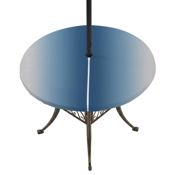 Navy Blue Grey Ombre Round Outdoor Tablecloth with Umbrella Hole Zipper, Modern Abstract Art Gradient Elastic Fitted Table Cover, Waterproof Table Cloth for Patio Picnic Party Fits 54"-60"