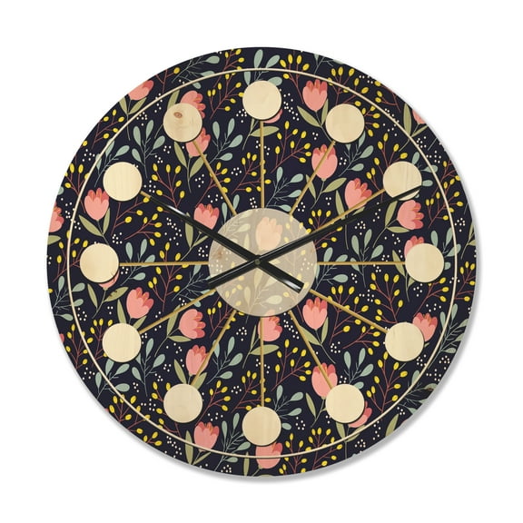 Designart 'Pink Flowers With Leaves' Mid-Century Modern Wood Wall Clock