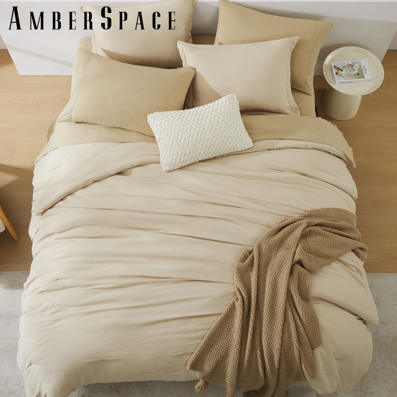 Amberspace Prewashed fabric 5-piece Bed in a Bag Comforter Set with Sheets,Beige,Twin-XL