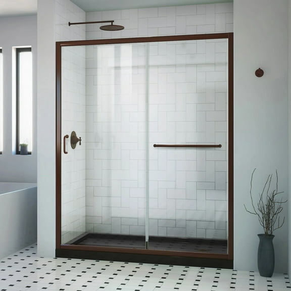 Infinity-Z 32 Inch D x 60 Inch W x 74-3/4 Inch H Clear Sliding Shower Door with Right Drain Shower Base