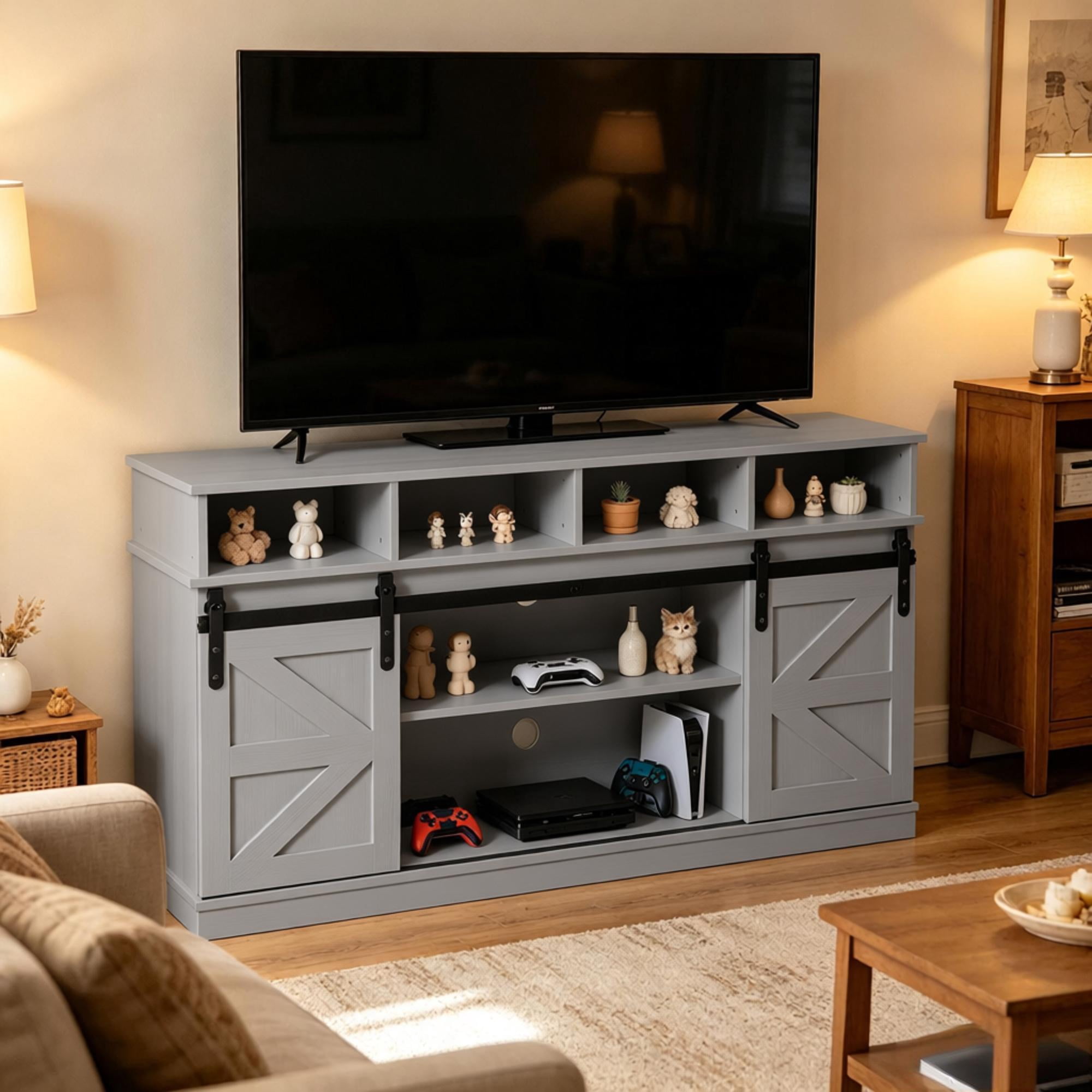Howcool Farmhouse Sliding Barn Door TV Stand, Wood Entertainment Center Storage Cabinet with Adjustable Shelves, Media Console Table for Living Room, Fits Up to 65" TVs
