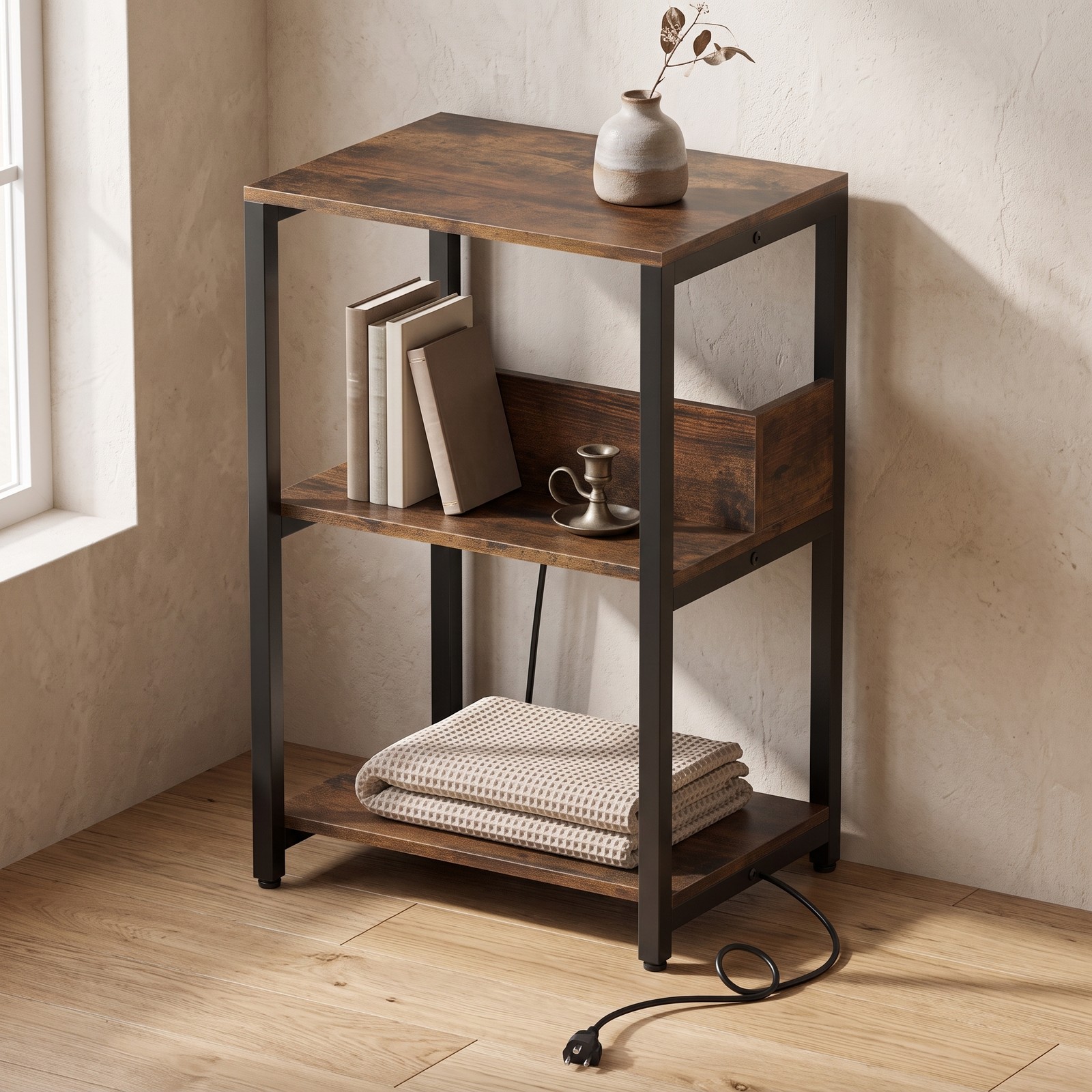 Furnibear Side End Table with Charging Station, 3-Tier Nightstand with 2 AC Outlets, USB & Type-C Ports, Open Shelves Sofa Side Table for Living Room, Rustic Brown