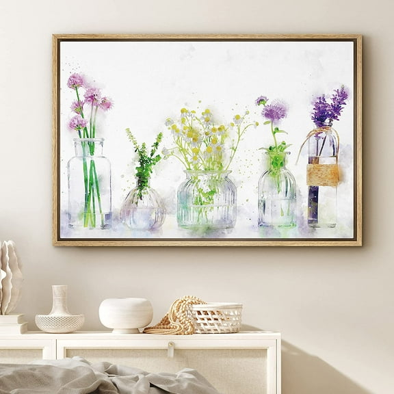 PixonSign Framed Canvas Print Wall Art Lavender Flower Variety with Vases Botanical Plants Watercolor Modern Art Glam Colorful Multicolor Pastel for Living Room, Bedroom, Office - 24"x36" Natural