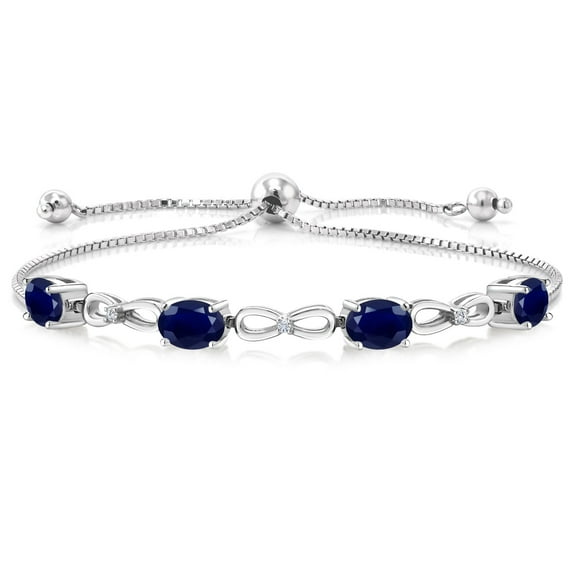 Gem Stone King 4.02 Cttw Blue Sapphire and Lab Grown Diamond Tennis Bracelet for Women | 925 Sterling Silver | 7X5MM Oval | Gemstone Birthstone | Adjustable Bolo Bracelet for Women | Easy-On Easy-Off