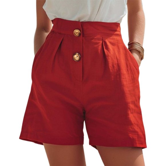 Iyufng Shorts en Lin pour Femmes Décontractés à Jambe Grand à Enfiler avec Boutons Taille Haute Shorts de Plage Vacances Été avec Poches