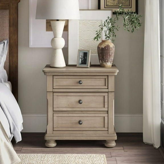 Transitional Wire Brushed Gray Nightstand with 2 Drawers No Assembly