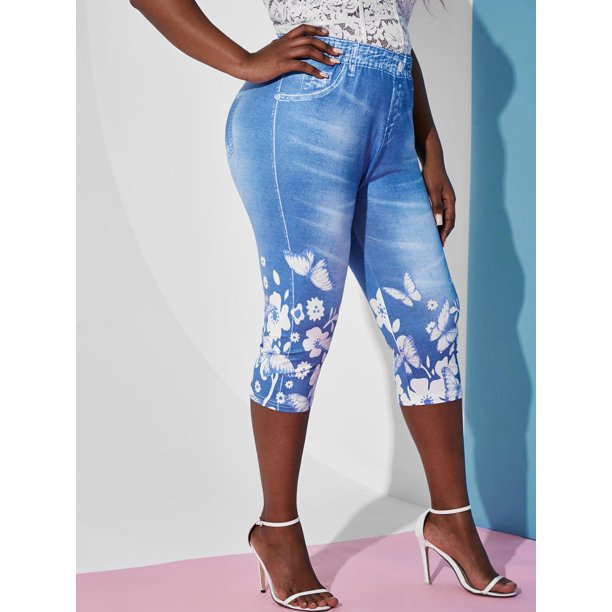 Tallas grandes Mariposa 3D Jean Imprimir Getgings Rosegal Leggings de talla grande