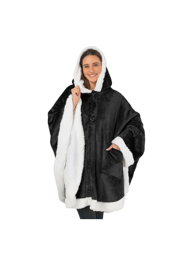 Sherpa Fleece Wearable Blanket for Adult Women, Cozy Plush Blanket Poncho Cape with Hood, Super Soft Shawl, Angel Wrap Throw for Office, Black