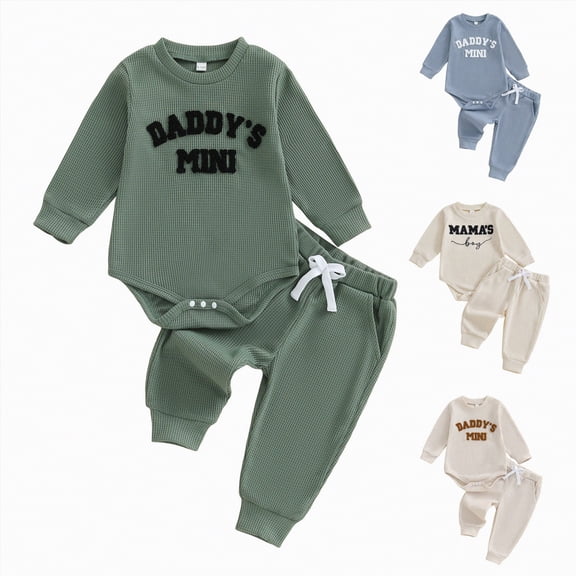 YDFCWXW Baby Boy Clothes 3 6 12 18 Months Fall Winter Outfit Mama's Boy Embroidery Waffle Long Sleeve Romper Pants Set (Brown, 6-12 Months)