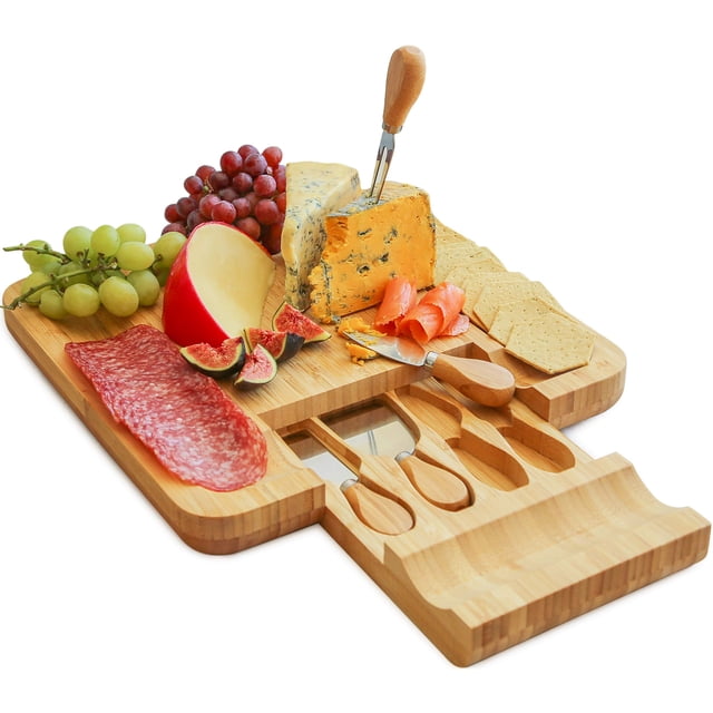 Tabla de quesos de bambú y juego de cuchillos ideal para servir queso, galletas, salami y comida 33 cm x 33 cm x 3,5 cm