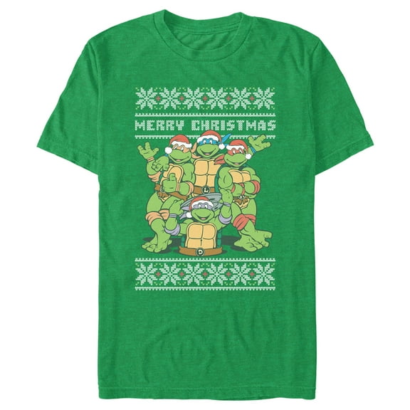 Men's Teenage Mutant Ninja Turtles Merry Ugly Christmas Sweater Print Graphic Tee Kelly Heather Large
