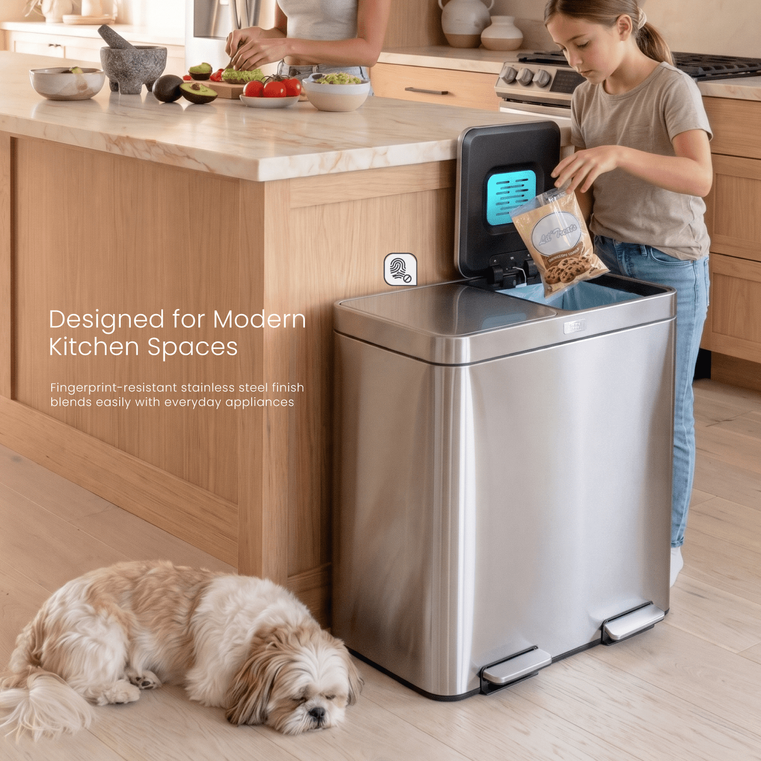 Home Zone Living 16 Gallon Kitchen Trash Can with CleanAura and Dual Compartments, Stainless Steel, Silver