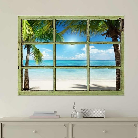 Window View Wall Mural - Clear Tropical Ocean and Palm Trees - Vintage Style Wall Decor - Peel and Stick Adhesive Vinyl Material - 24x32 inches
