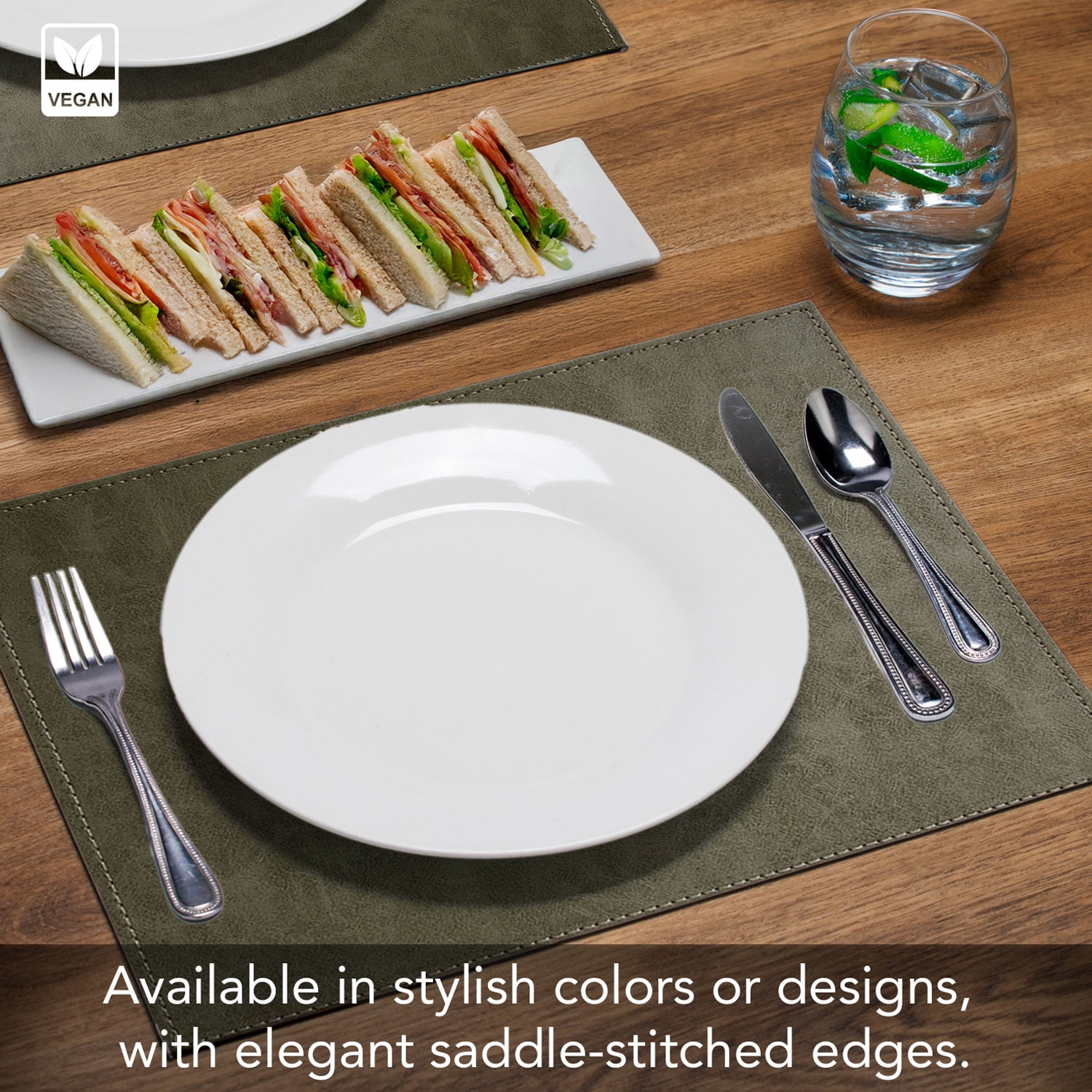Luxurious Olive  Vegan Leather Placemats 4 Pack Look and Feel of Genuine Leather Infused with Copper