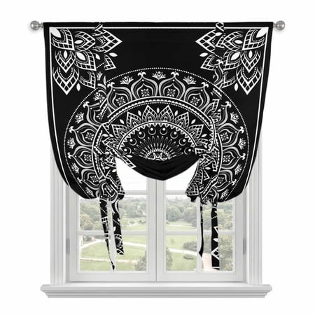 Black Boho Tie Up Curtains for Windows, Adjustable Rod Pocket Valance Shade, Retro Farmhouse Neutral Abstract Geometric Light Filtering Window Treatment for Kitchen Bedroom Living Room 34"x 45"