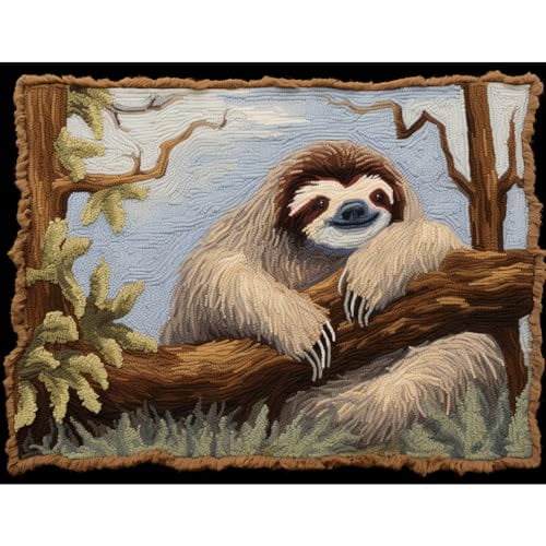 Sloth Tree Latch Hook Rectangle Rug Kits for Adults Needle Crochet Yarn Kits Embroidery Carpet Hook and Latch Kit Floor Mat Tapestry Christmas Home Decoration 52x38cm(2)