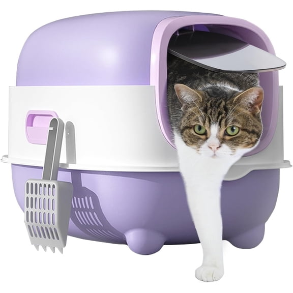 Fully Enclosed Cat Litter Box, Large Hooded Kitty Litter Pan with Flip-Top, Odor Control & Anti-Tracking, for Cats Up to 22 lbs, Detachable Design with Scoop, 4 Colors