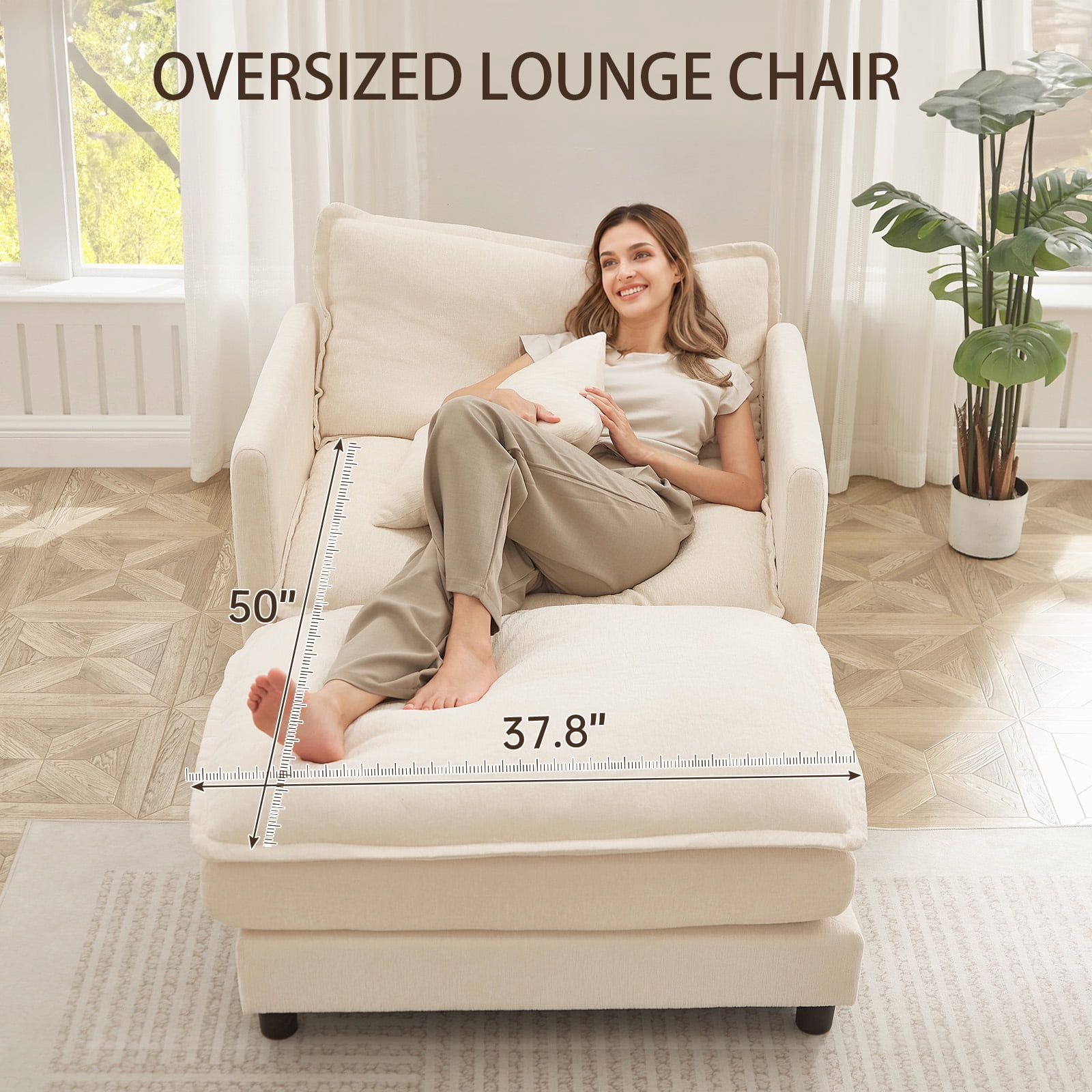 Muumblus Oversized Lounge Chair with Ottoman, Plush Cloud Accent Armchair for Living Room, Beige Chenille