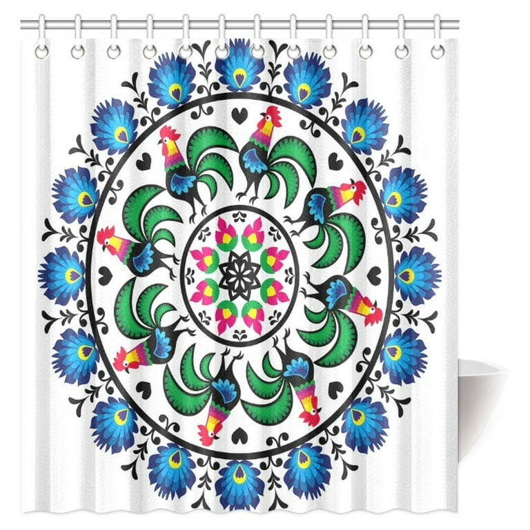 MYPOP Circle with Roosters Mandala Round Shape National Central Europe  Symbol Mosaic Art Fabric Bathroom Shower Curtain 66 X 72 Inches