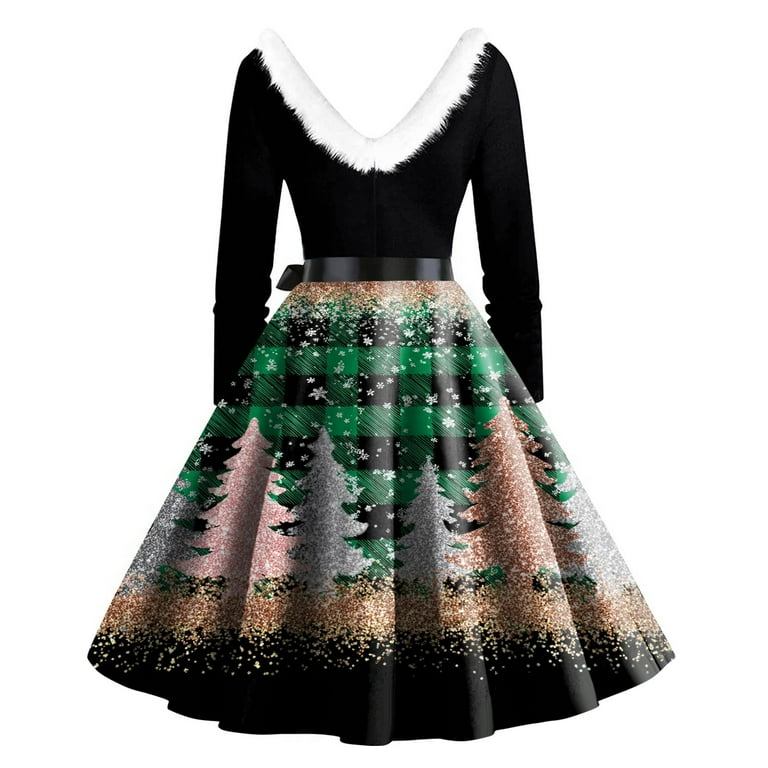 Christmas Dresses for Women Women's Fashion Round Casual Slim Fit Christmas  Print Large Swing Long Sleeve Dress for Holiday Party,Green,S