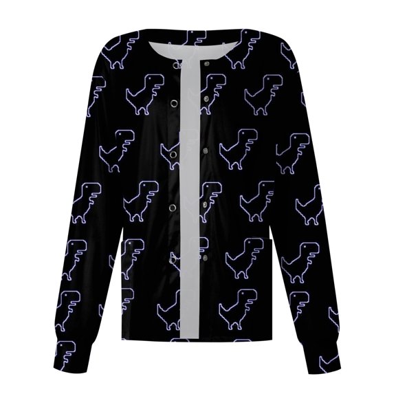Scrubs For Women Dinosaur Print Long Sleeve Scrub Jacket Snap Button With 2 Pockets Soft Comfortable Fun Nurse Work Outerwear Black L