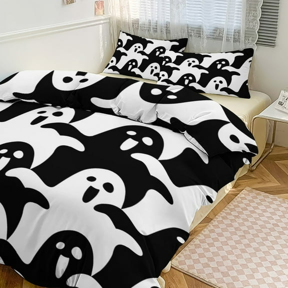 3 Pcs Soft Bedding Set, Includes 1 Duvet Cover with Zipper And 2 Pillow Shams,Cute Ghost Pattern Black And White Twin(86"x70")