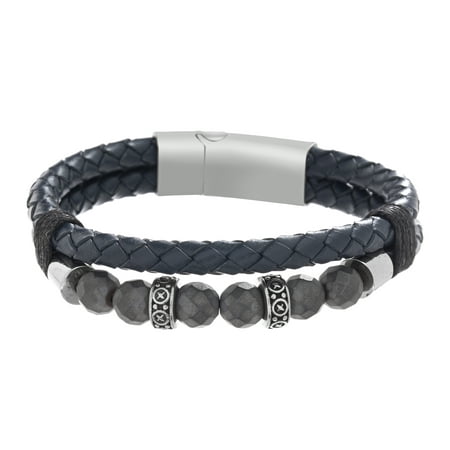 Mens BlueTextured Braided Leather & Beaded Bracelet in Oxidize over Stainless