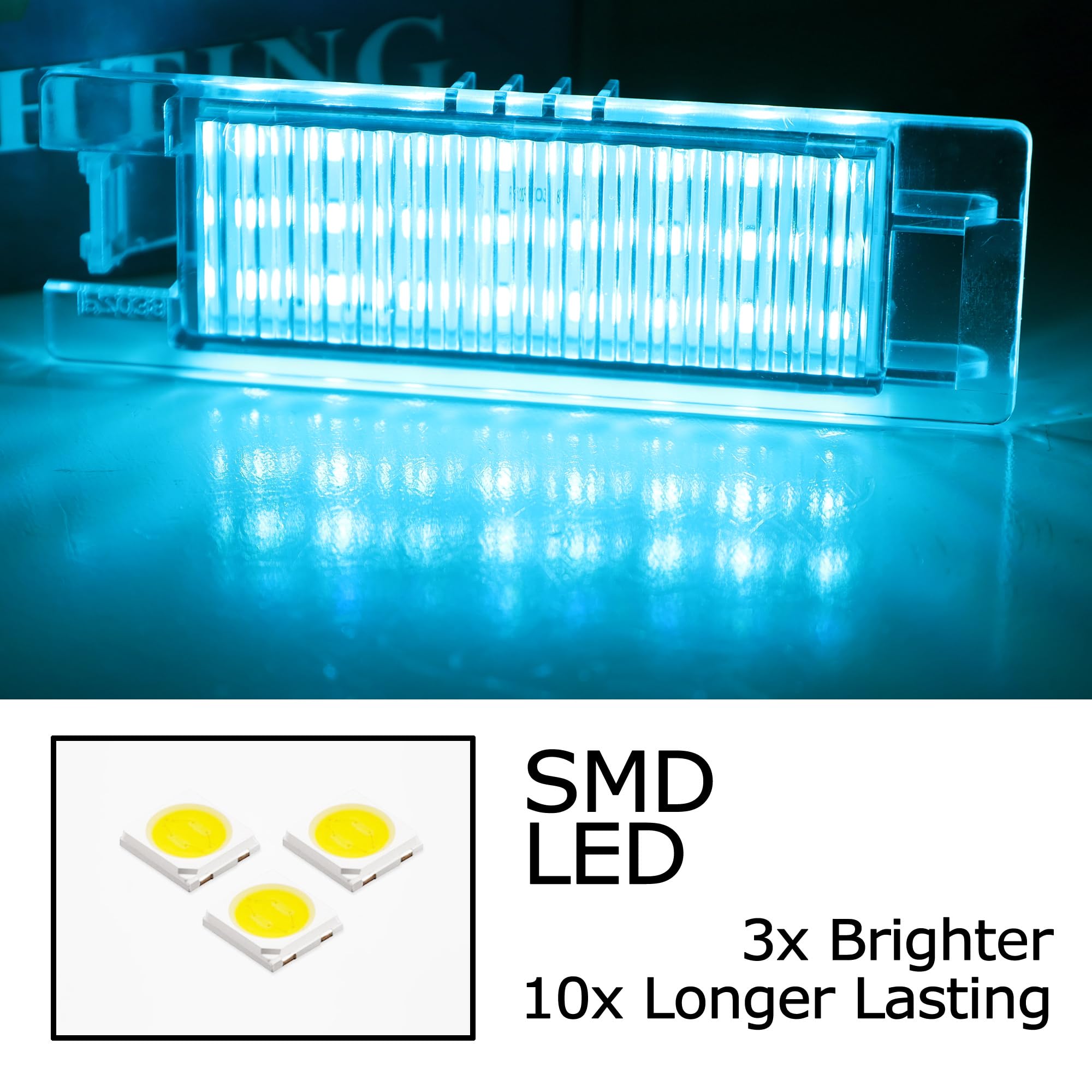 Ice Blue Full LED License Plate Light Kit For Chevrolet 2014-24 Camaro, 2013-15 Malibu, 2011-15 Volt, 2016-up Cruze, 18-SMD Aqua LED & Can-Bus Error Free