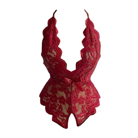 Sehao Women Lace V neck Lingerie Bodysuit Set Corset Teddy Lingerie Tops Body Suit M