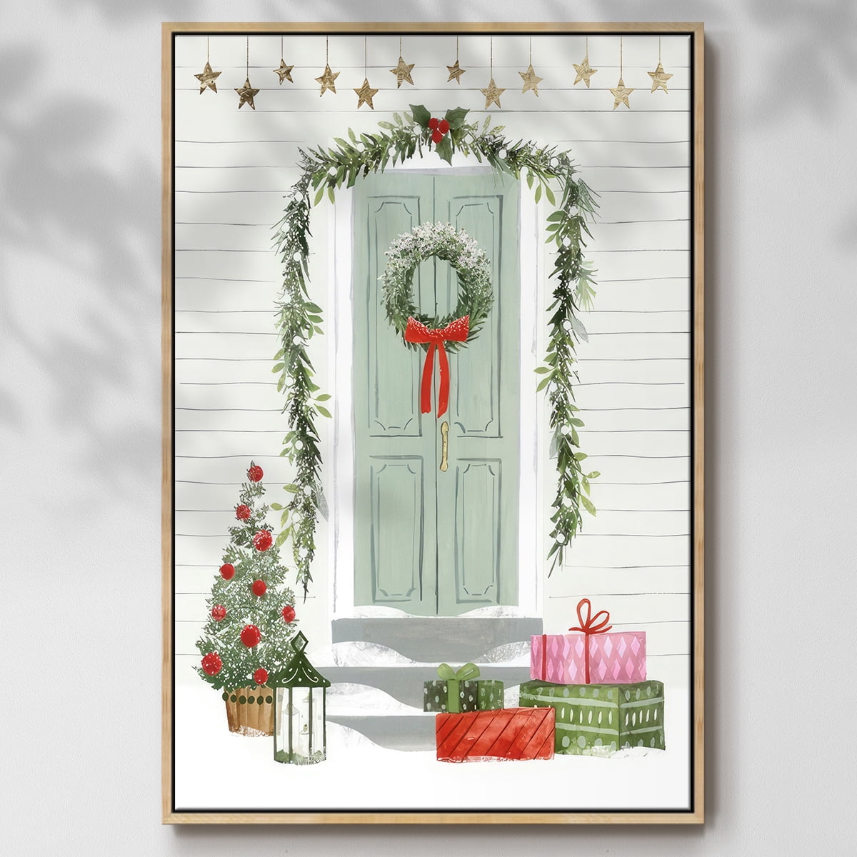 Festive Front Door I - Framed Gallery Wrapped Holiday Canvas - 25 x 37 - Natural Wood Frame