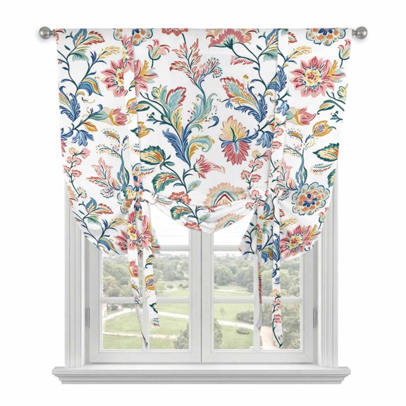 Vintage Floral Tie Up Curtain for Window, Retro Watercolor Floral Branch Adjustable Tie Up Balloon Curtain Valances Rod Pocket Window Treatment for Kitchen Bathroom Bedroom 34"x45"