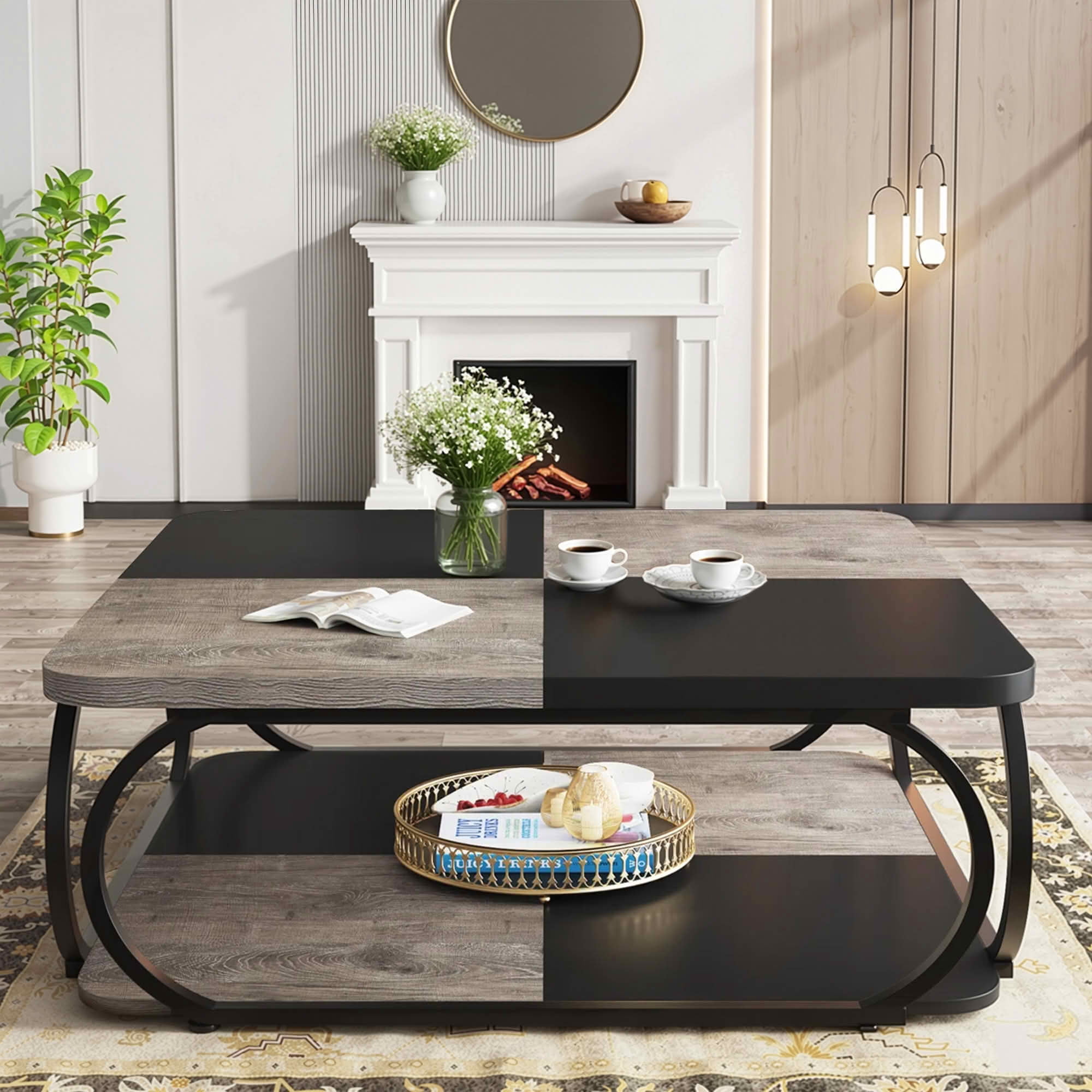 MAYEERTY 39" Square 2-Tier Coffee Table, Rustic Brown Wood Curved Black Metal Frame Farmhouse Modern Cocktail Table
