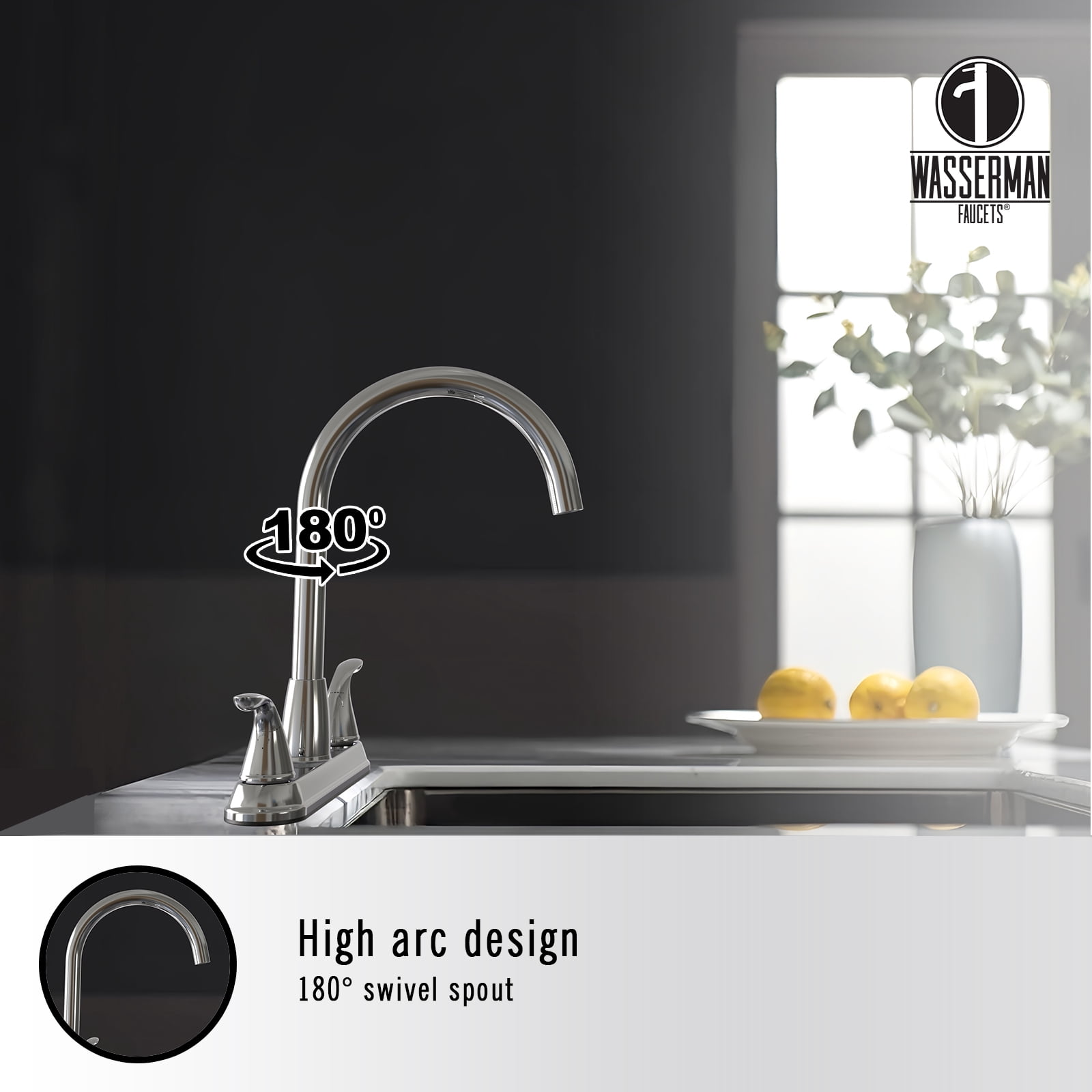 23157043 -Hybrid Metal Deck Kitchen Sink Faucet High Spout Washerless Cart.Double Handle with Side Spray